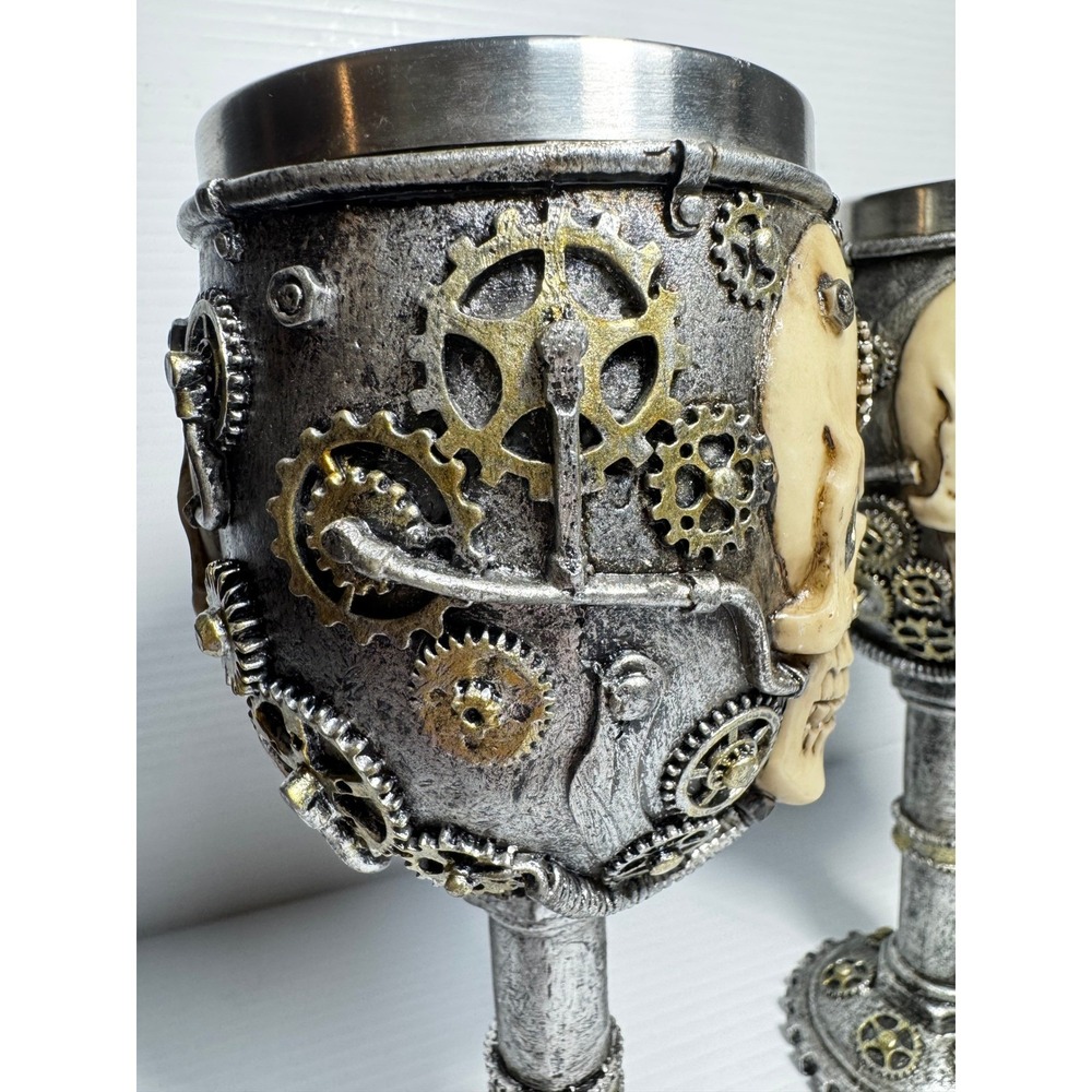 Steampunk Skull Wine Goblet Set of 2 Mechanical Gearwork Skeleton Chalice 7.5 In - Picture 3 of 8